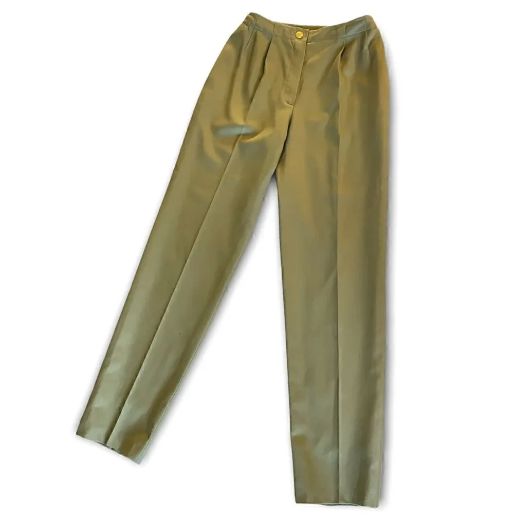 VINTAGE CHANEL Military Green Stunning High-Waisted Wool & Silk Tailored Pants